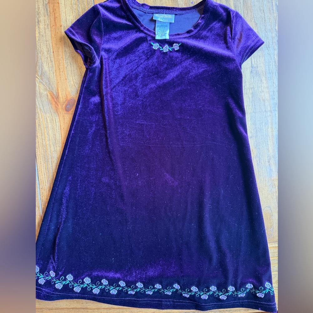 Girls Velvet Purple Casual Dress with Embroidered Hem